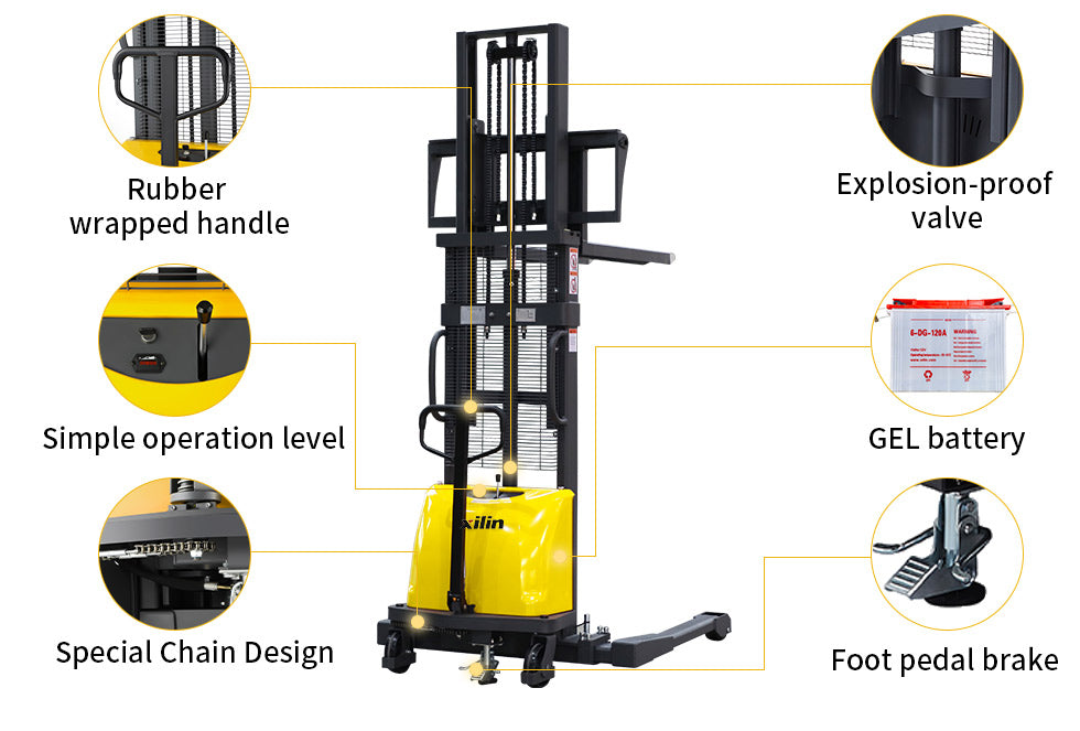 Xilin CTD15BE-98 semi-electric stacker side angle view