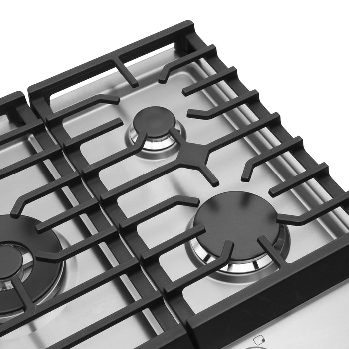 Cosmo 30 in. Haven Collection Drop-In Gas Cooktop, 5 Sealed Burners, Front Control Knobs, Cast Iron Grates, Stainless Steel burner detail
