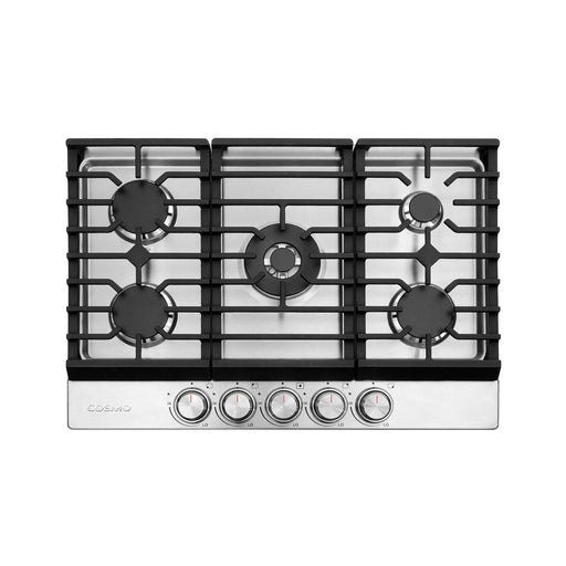 Cosmo 30-Inch Haven Collection Drop-In Gas Cooktop, 5 Sealed Burners, Front Control Knobs, Cast Iron Grates, Stainless Steel front view