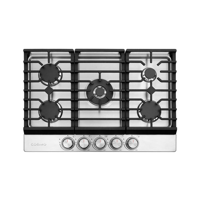 Cosmo 30 in. Haven Collection Drop-In Gas Cooktop, 5 Sealed Burners, Front Control Knobs, Cast Iron Grates, Stainless Steel front view