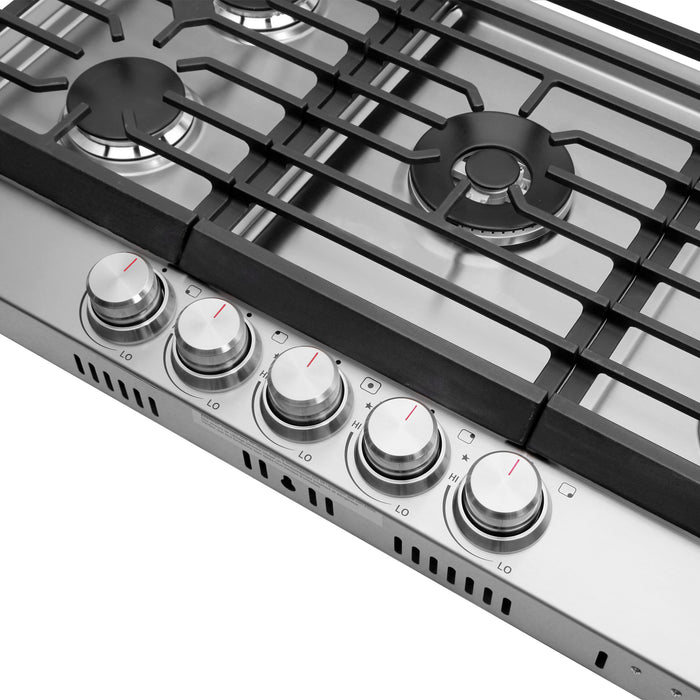 Cosmo 36 in. Haven Collection Drop-In Gas Cooktop, 5 Sealed Burners, Front Control Knobs, Cast Iron Grates, Stainless Steel control knobs detail