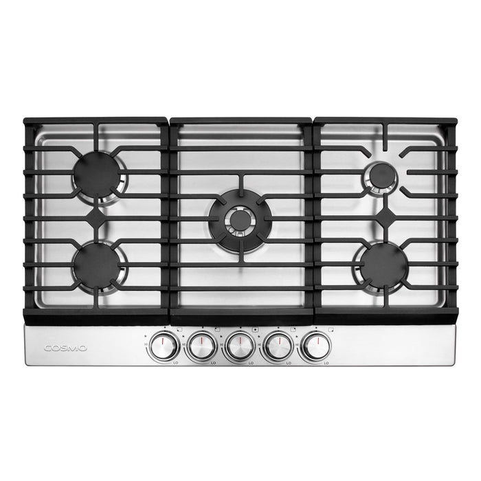 Cosmo 36 in. Haven Collection Drop-In Gas Cooktop, 5 Sealed Burners, Front Control Knobs, Cast Iron Grates, Stainless Steel front view