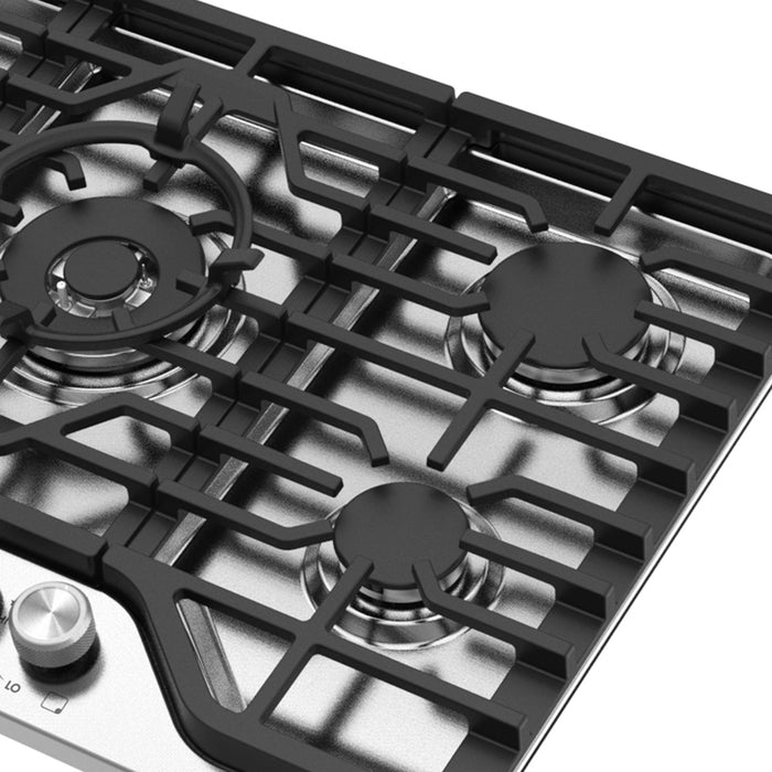 Cosmo 30 in. Vista Collection Drop-In Gas Cooktop, 5 Burners, Metal Knobs, Cast Iron Grates, Stainless Steel burners detail