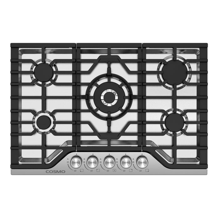 Cosmo 30 in. Vista Collection Drop-In Gas Cooktop, 5 Burners, Metal Knobs, Cast Iron Grates, Stainless Steel front view