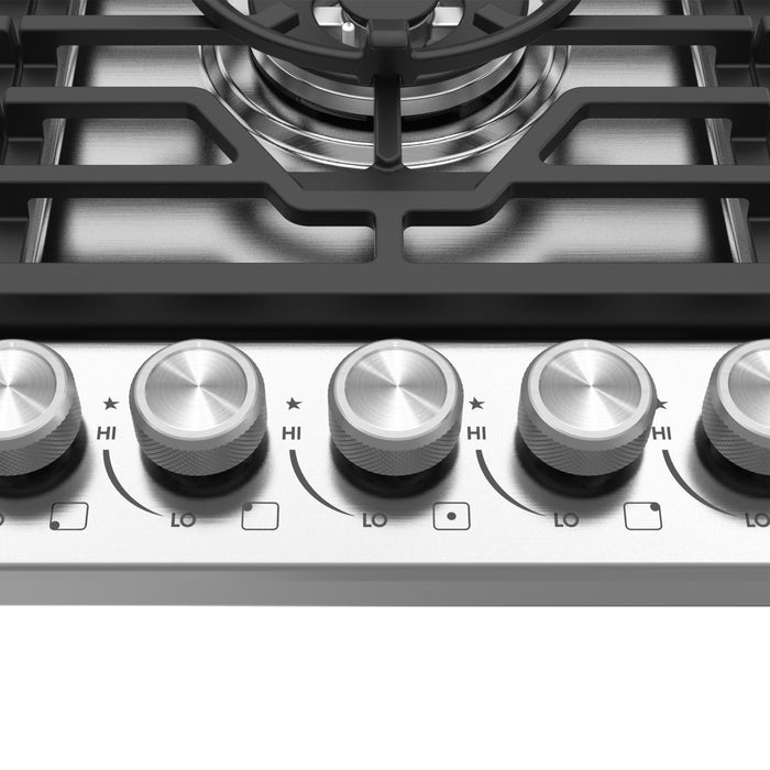 Cosmo 36 in. Vista Collection Drop-In Gas Cooktop, 5 Burners, Metal Knobs, Cast Iron Grates, Stainless Steel control panel