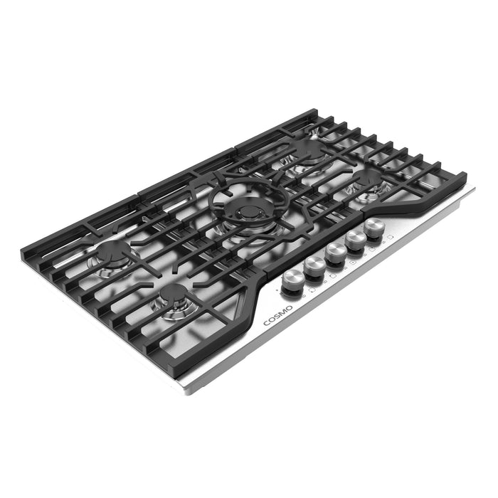 Cosmo 36 in. Vista Collection Drop-In Gas Cooktop, 5 Burners, Metal Knobs, Cast Iron Grates, Stainless Steel left side view