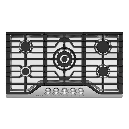 Cosmo 36-Inch Vista Collection Drop-In Gas Cooktop, 5 Burners, Metal Knobs, Cast Iron Grates, Stainless Steel front view
