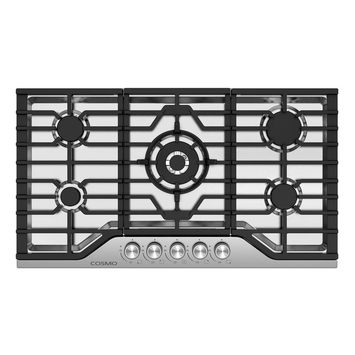 Cosmo 36 in. Vista Collection Drop-In Gas Cooktop, 5 Burners, Metal Knobs, Cast Iron Grates, Stainless Steel front view