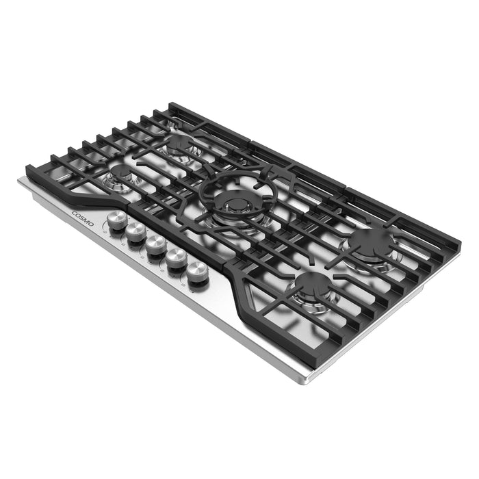 Cosmo 36 in. Vista Collection Drop-In Gas Cooktop, 5 Burners, Metal Knobs, Cast Iron Grates, Stainless Steel right side view