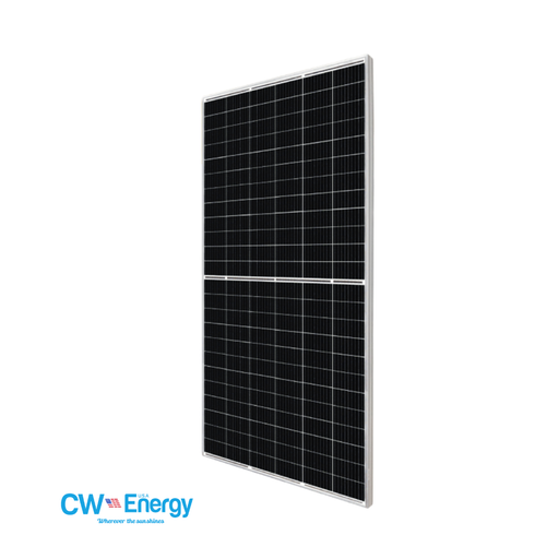 CW Energy 595W Bifacial Solar Panel - Front tilted view of black CW solar panel 