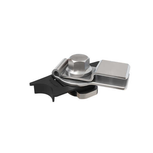 Pegasus Solar - Cable Grip - Close-up of a solar mounting clamp with silver bolt and metal bracket attached to a black base on a white background.