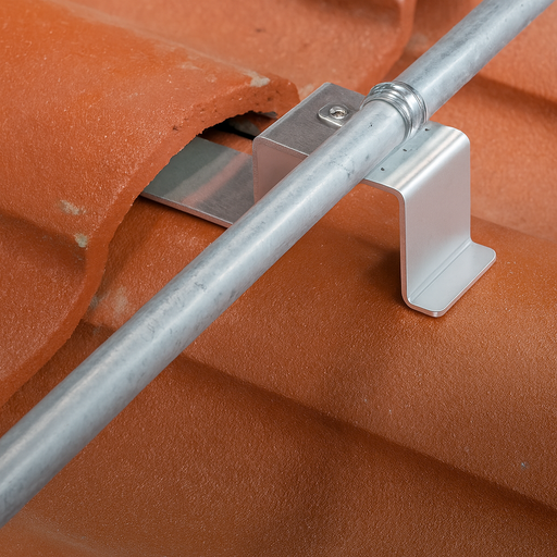 Pegasus Solar - Tile Conduit Mount - Mill - Pegasus Tile Conduit Mount on a terracotta tile roof securely holds metal conduit with an aluminum bracket for a clean, professional solar installation.