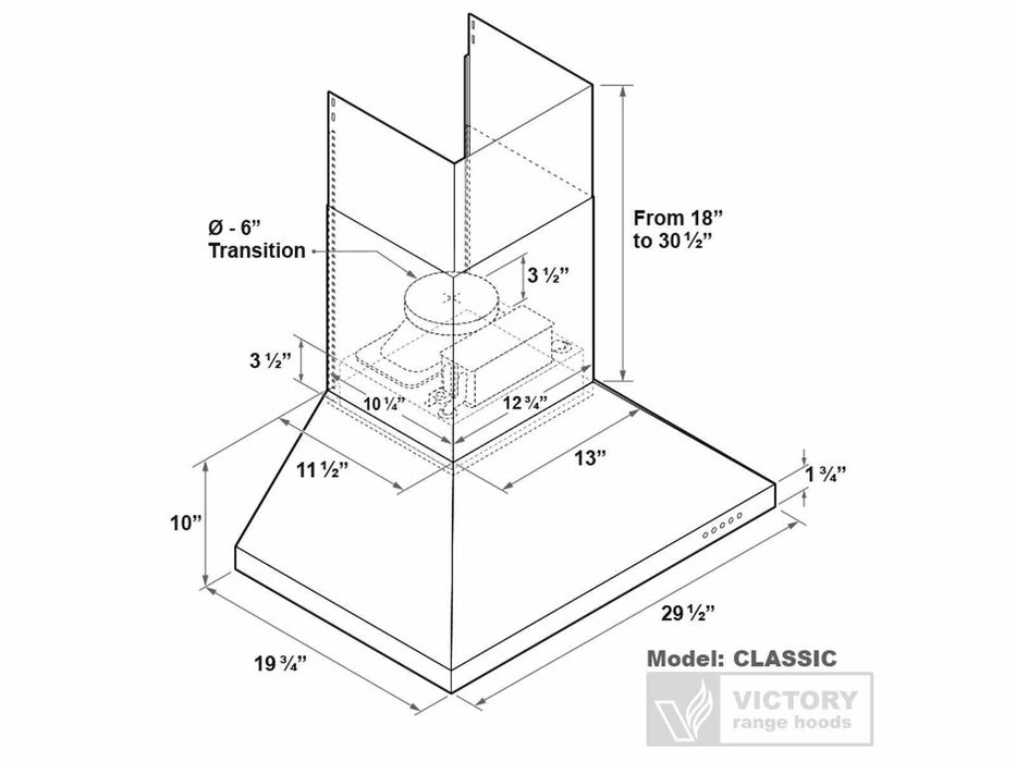 Victory Classic 30 inch wall mount range hood dimensions diagram