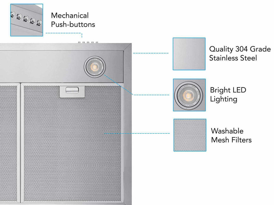 Victory Classic 30 inch range hood feature callouts front view