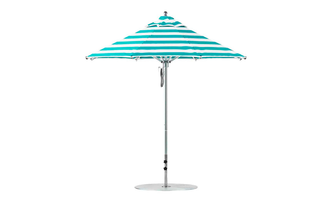Ledge Lounger Premier Umbrella-7.5' Oct-Pulley — Silver Pole-Classic Ball Finial-Single Vent-STK-R011-Turquoise Stripe