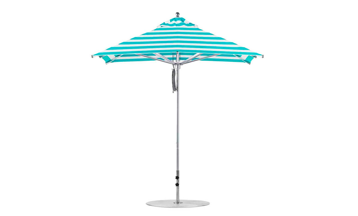 Ledge Lounger Premier Umbrella-7.5' Square-Pulley — Silver Pole-Classic Ball Finial-Single Vent-STK-R011-Turquoise Stripe