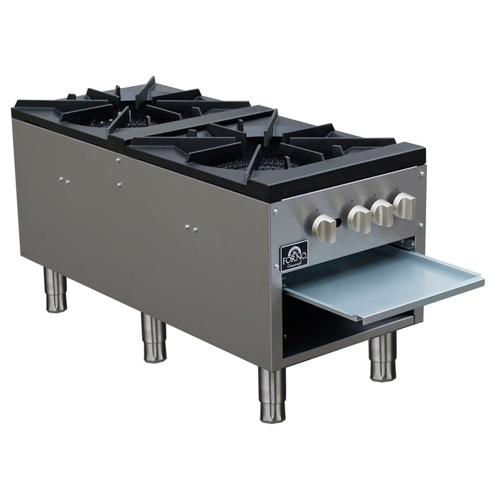 Forno Commerciale 18-Inch Gas Stock Pot Range with 2 Powerful 3-Ring Burners, 160,000 BTU in Durable Stainless Steel and Heavy-Duty Cast Iron Grates (FCMSP0094-18)
