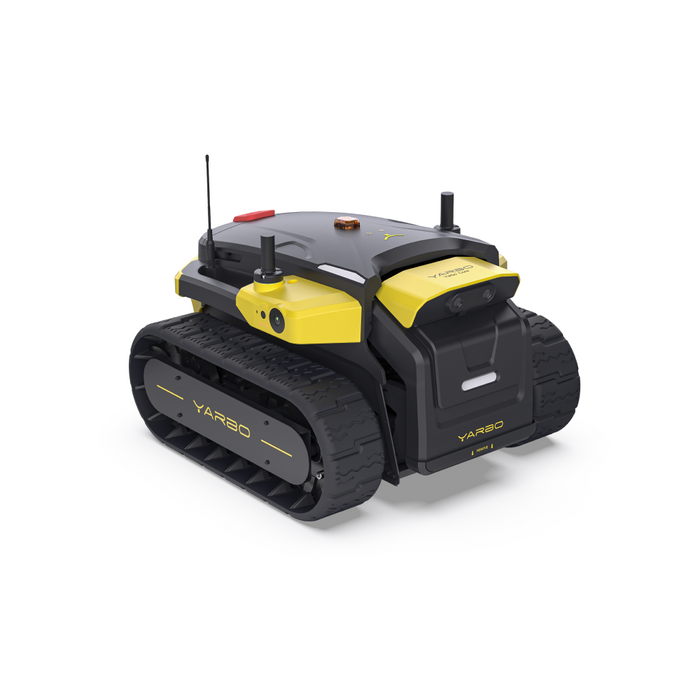 Yarbo lawn mower docked at charging station outdoors