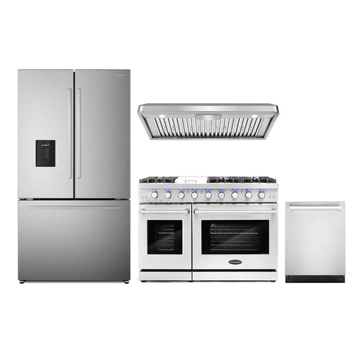 Cosmo 4-Piece Appliance Package - 48-Inch Gas Range, Under Cabinet Range Hood, Dishwasher and Refrigerator with Water Dispenser in Stainless Steel (COS-4PKG-713) Cosmo