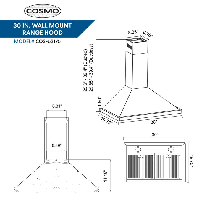 Cosmo 30-Inch Ductless Wall Mount Range Hood in Stainless Steel (COS-63175-DL) Cosmo