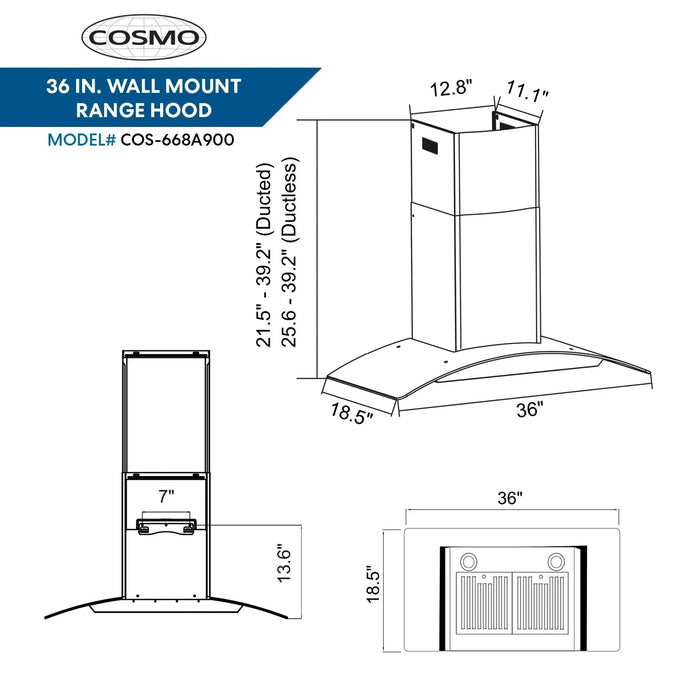 Cosmo 4-Piece Appliance Package - 36-Inch Dual Fuel Range, Wall Mount Range Hood Hood, Dishwasher and Refrigerator in Stainless Steel (COS-4PKG-072) Cosmo