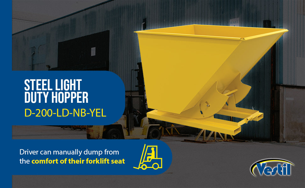 Vestil D-200-LD-NB-YEL steel light duty no bump & dump hopper feature overview 1