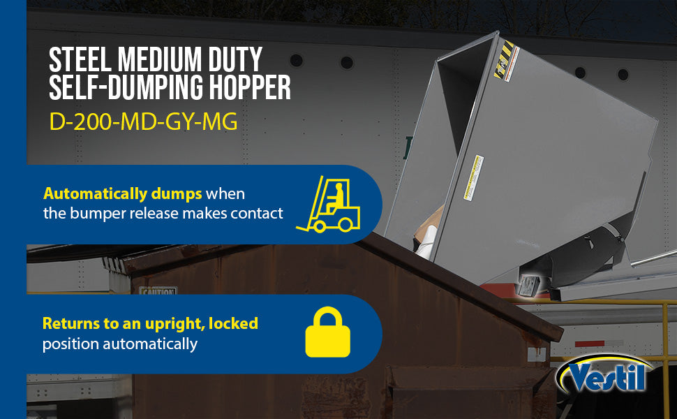 Vestil D-200-MD-GY-MG steel medium duty self dumping hopper feature overview 1