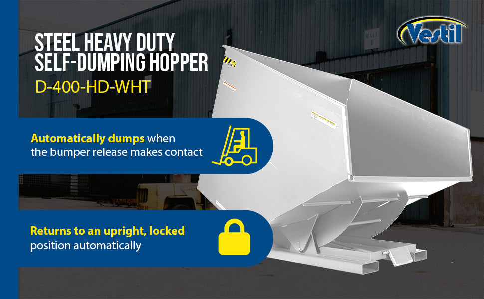 Vestil D-400-HD-WHT steel heavy duty self dumping hopper feature overview 1
