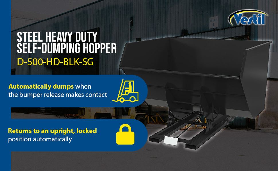 Vestil D-500-HD-BLK-SG steel heavy duty self dumping hopper feature overview 2