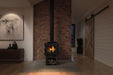 Drolet Deco Nano N DB03216 wood stove hero view with pedestal log storage