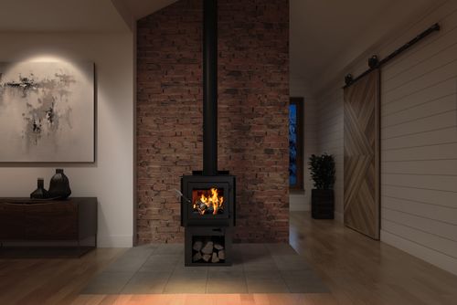 Drolet Deco Nano N DB03216 wood stove hero view with pedestal log storage
