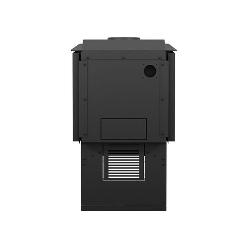 Drolet Deco Nano N DB03216 wood stove rear view with 6 inch flue outlet and heat deflector