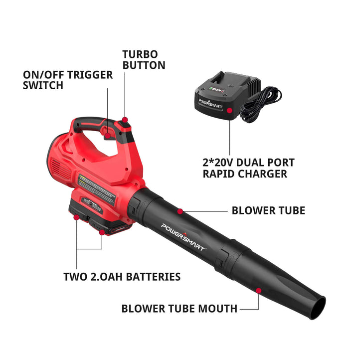 PowerSmart 450CFM Cordless Leaf Blower w/ Two 20V Battery and Charger DB2201B