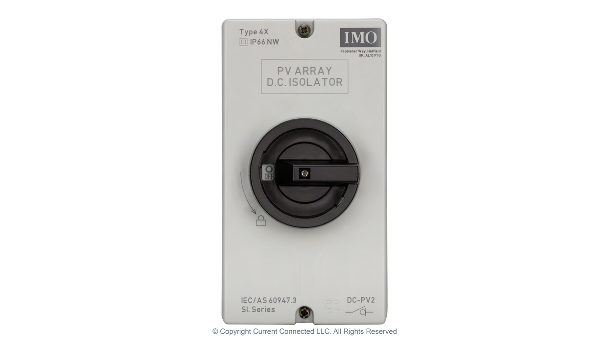 High quality photo of the IMO DC Disconnect Rooftop Isolator Switch 4 Pole - 2 String Front view. Photographed by Current Connected.