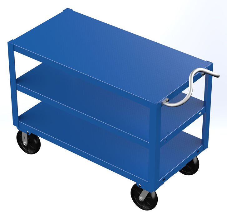 Vestil DH-PH4-2448-3 Steel 24 in. x 48 in. Platform Heavy Duty 3 Shelf Ergo Handle Cart with GFN Casters 4,000 lb. Capacity B