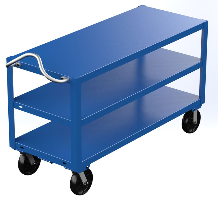 Vestil DH-PH4-2460-3 Steel 24 in. x 60 in. Platform Heavy Duty 3 Shelf Ergo Handle Cart with GFN Casters 4,000 lb. Capacity B