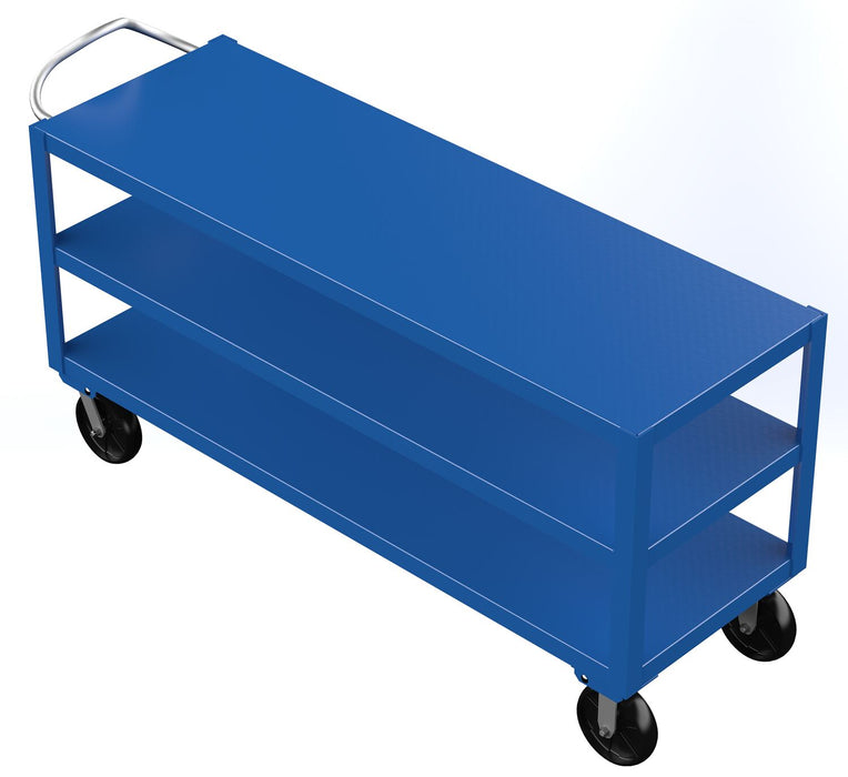 Vestil DH-PH4-2472-3 Steel 24 in. x 72 in. Platform Heavy Duty 3 Shelf Ergo Handle Cart with GFN Casters 4,000 lb. Capacity B