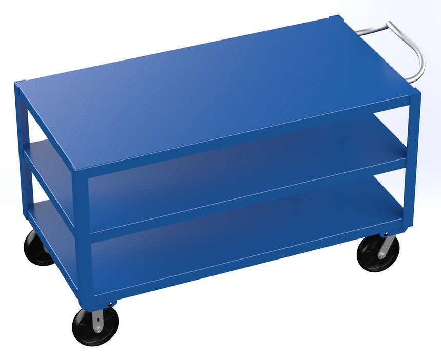 Vestil DH-PH4-3060-3 Steel 30 in. x 60 in. Platform Heavy Duty 3 Shelf Ergo Handle Cart with GFN Casters 4,000 lb. Capacity B