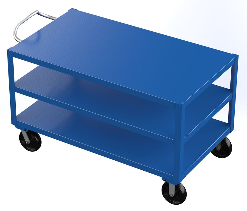 Vestil DH-PH4-3460-3 Steel 34 in. x 60 in. Platform Heavy Duty 3 Shelf Ergo Handle Cart with GFN Casters 4,000 lb. Capacity B