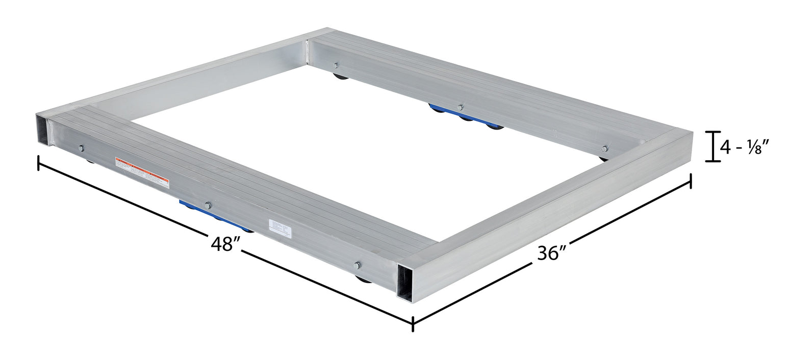 Vestil DOL-3648-10T aluminum pallet dolly with tilt dimensions diagram