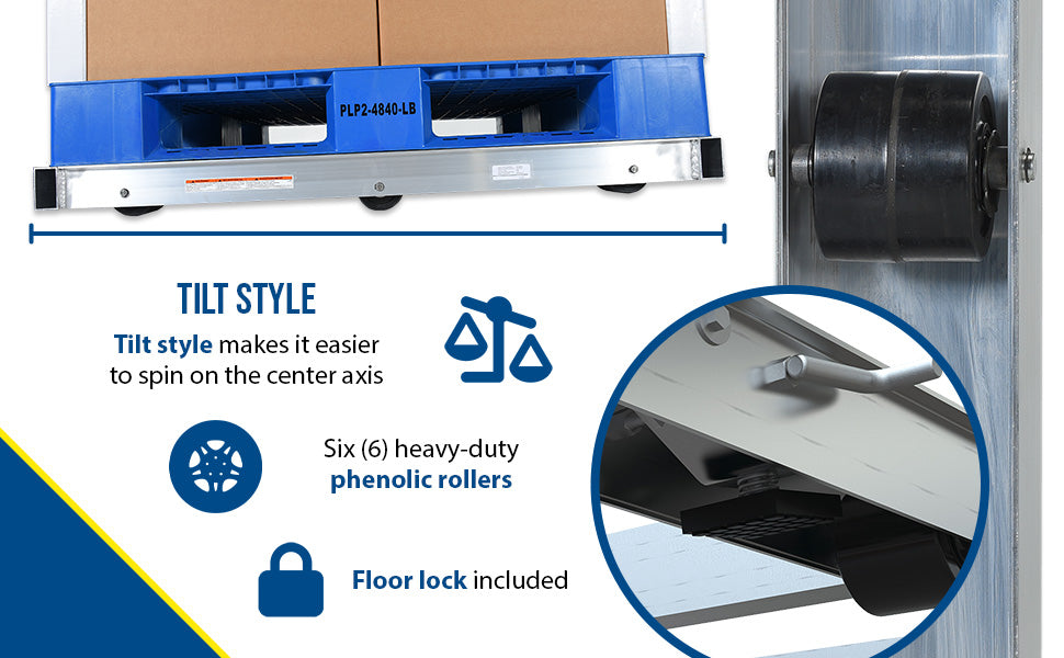 Vestil DOL-4848-6T-FL aluminum pallet dolly with tilt & floor lock feature overview 1