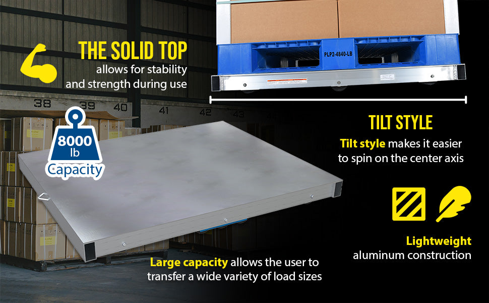 Vestil DOL-ST-3642-10T aluminum pallet dolly with solid top tilt feature overview 1