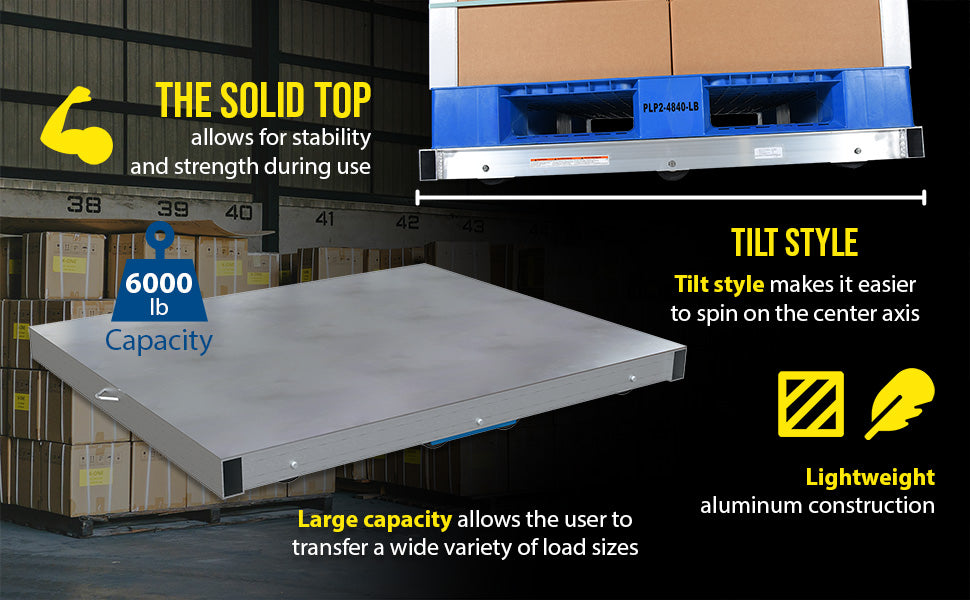 Vestil DOL-ST-3642-8T aluminum pallet dolly with solid top tilt feature overview 3