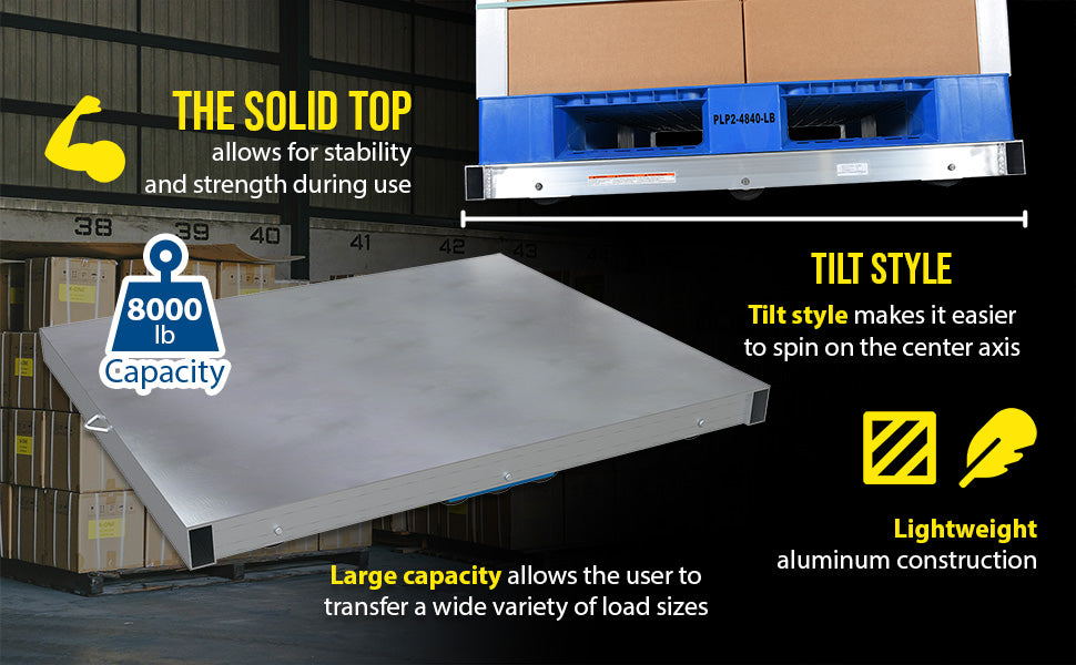 Vestil DOL-ST-4048-10T aluminum pallet dolly with solid top tilt feature overview 1