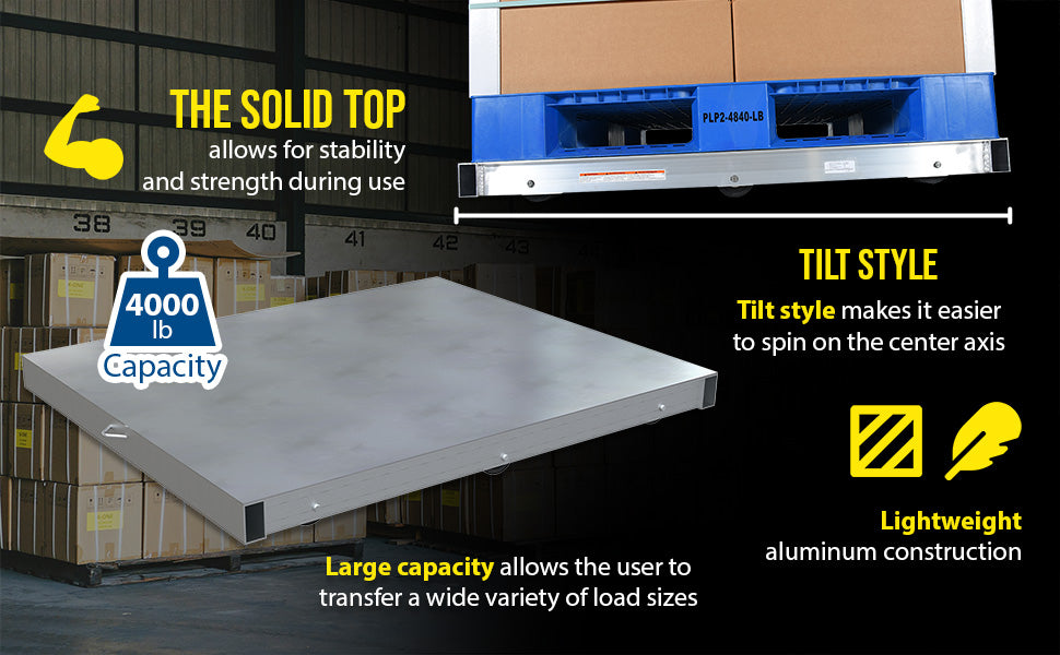 Vestil DOL-ST-4048-6T aluminum pallet dolly with solid top tilt feature overview 1