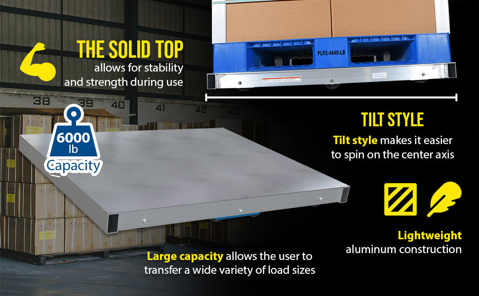 Vestil DOL-ST-4048-8T aluminum pallet dolly with solid top tilt feature overview 1