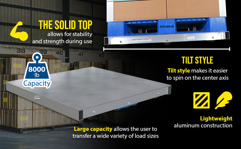 Vestil DOL-ST-4242-10T aluminum pallet dolly with solid top tilt feature overview 2