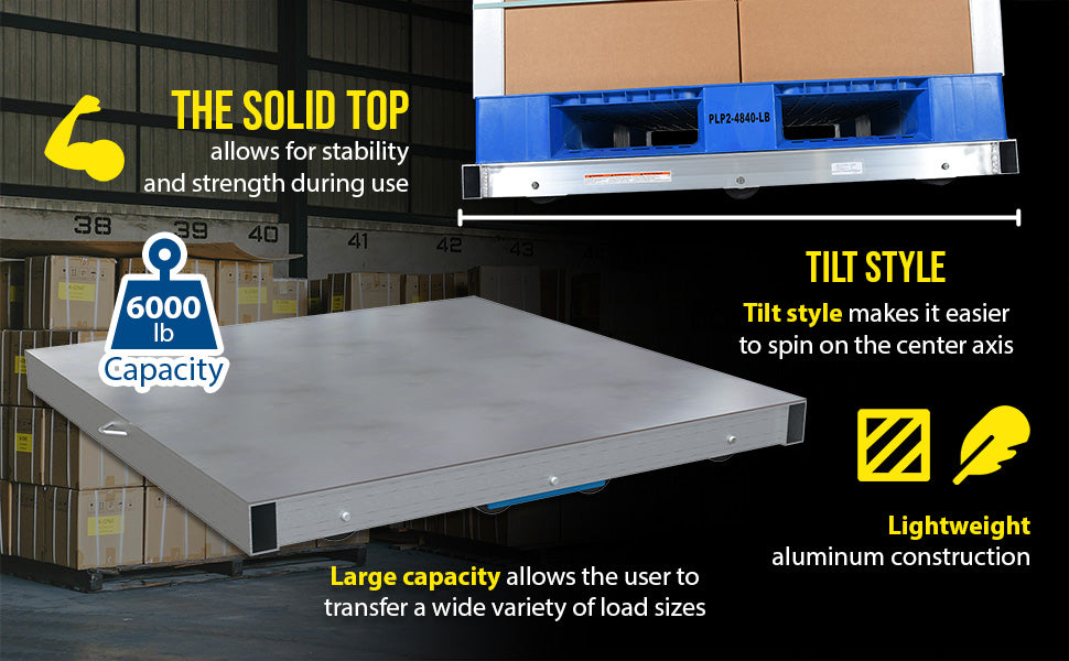 Vestil DOL-ST-4242-8T aluminum pallet dolly with solid top tilt feature overview 3