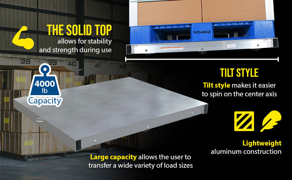 Vestil DOL-ST-4248-6T aluminum pallet dolly with solid top tilt feature overview 2