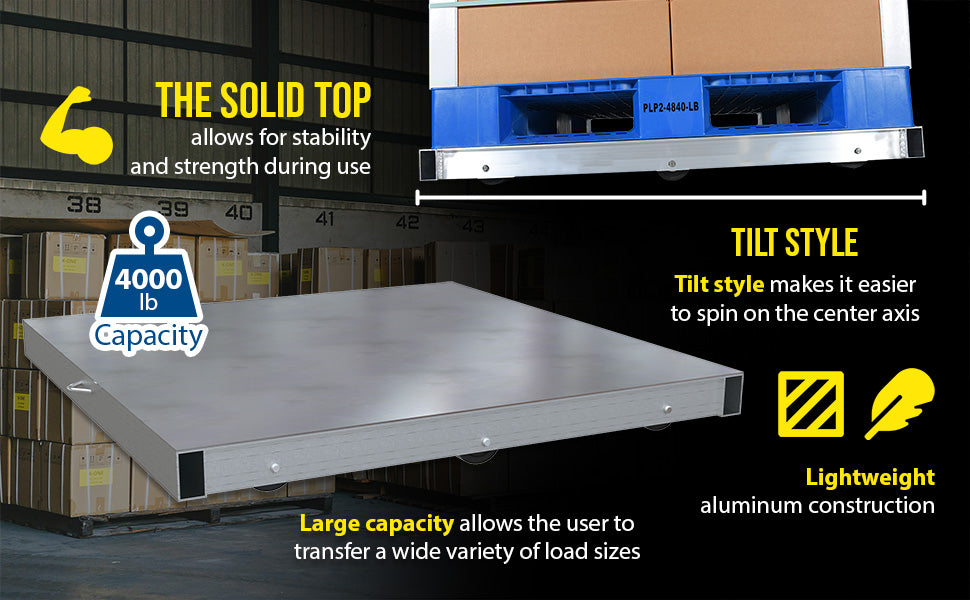 Vestil DOL-ST-4848-6T aluminum pallet dolly with solid top tilt feature overview 1